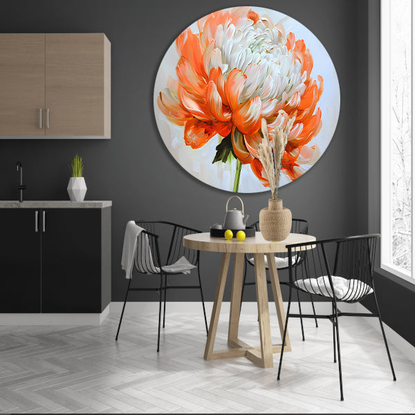 Abstract schilderij van oranje en witte bloem aluminium muurcirkel
