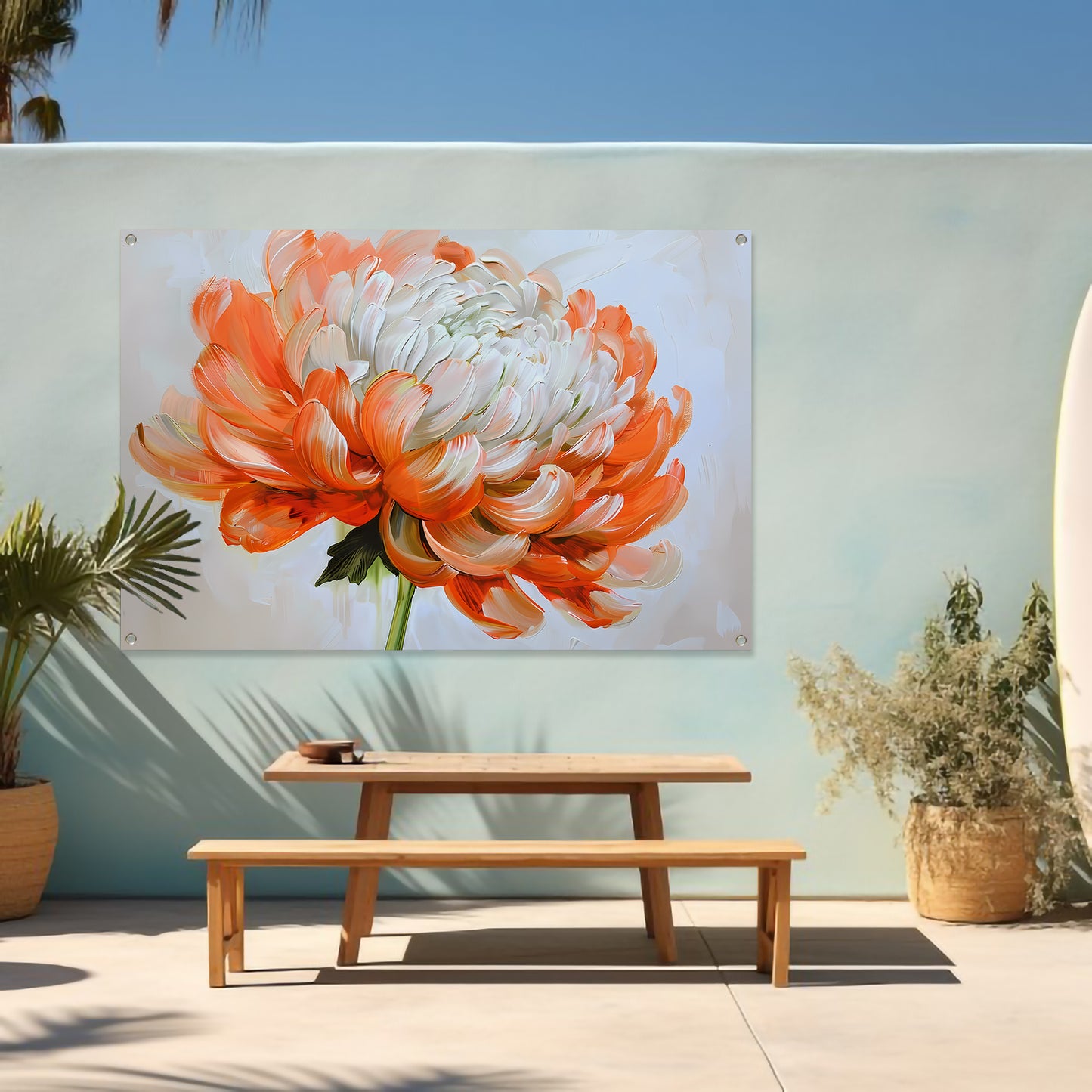 Abstract schilderij van oranje en witte bloem tuinposter