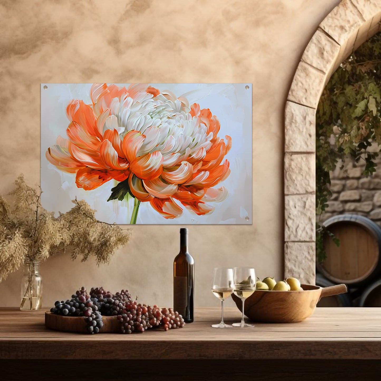 Abstract schilderij van oranje en witte bloem tuinposter