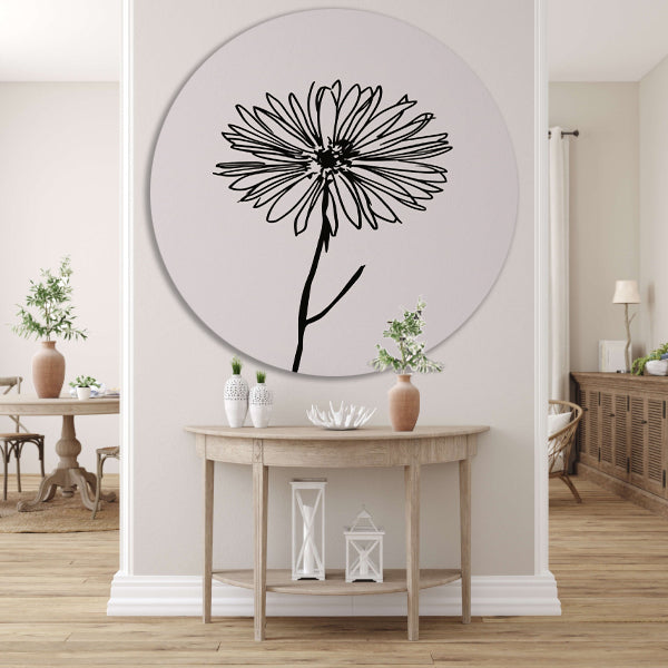 Minimalistische Bloem in Lijntekening Zwart Wit aluminium muurcirkel