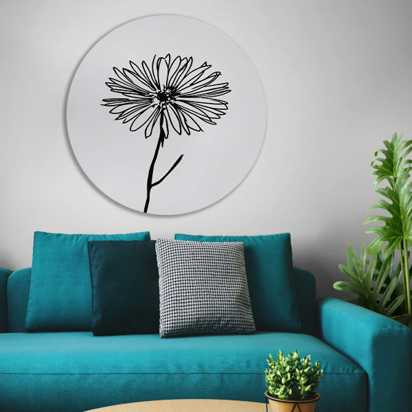 Minimalistische Bloem in Lijntekening Zwart Wit aluminium muurcirkel