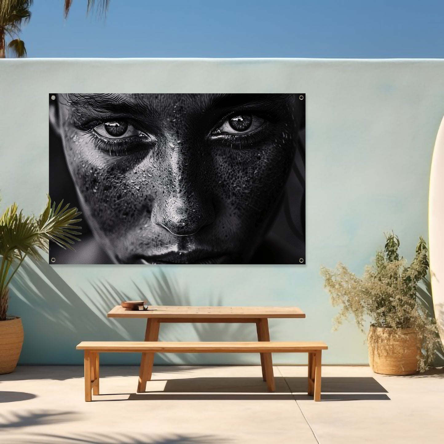 Realistisch zwart-wit portret met intense blik tuinposter