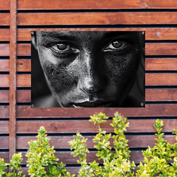 Realistisch zwart-wit portret met intense blik tuinposter
