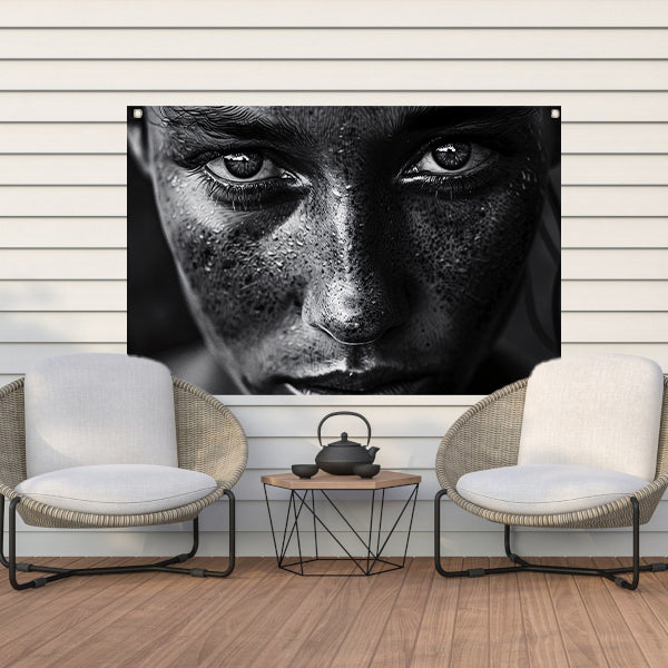 Realistisch zwart-wit portret met intense blik tuinposter