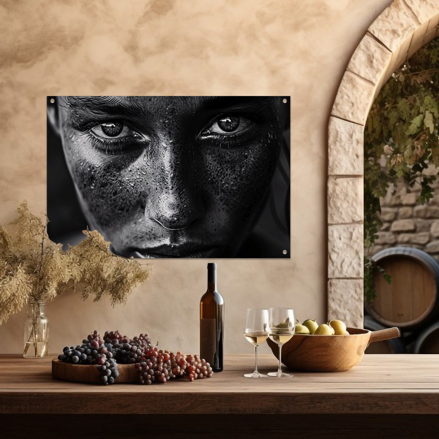 Realistisch zwart-wit portret met intense blik tuinposter