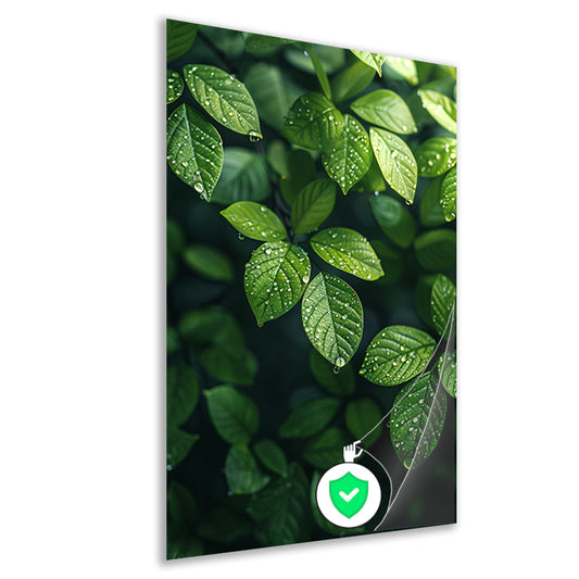 Glinsterende dauwdruppels op groene bladeren poster