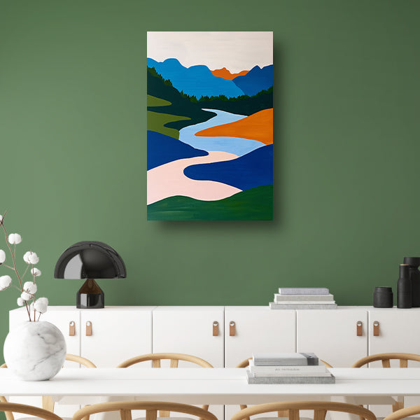 Kleurrijk minimalistisch schilderij van rivier en bergen poster