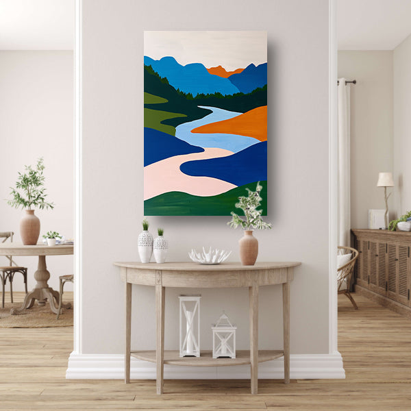 Kleurrijk minimalistisch schilderij van rivier en bergen poster
