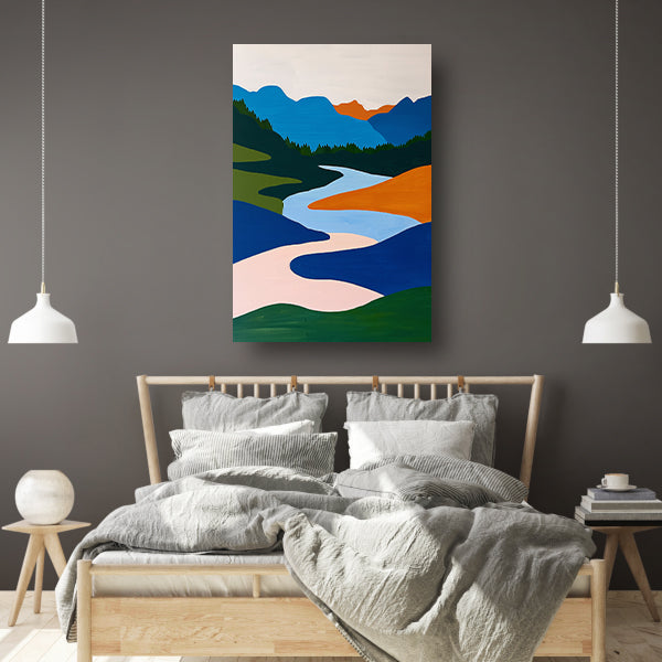Kleurrijk minimalistisch schilderij van rivier en bergen poster
