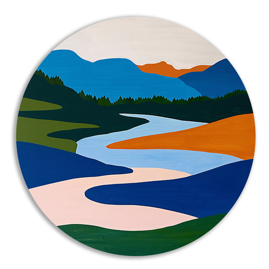 Kleurrijk minimalistisch schilderij van rivier en bergen aluminium muurcirkel