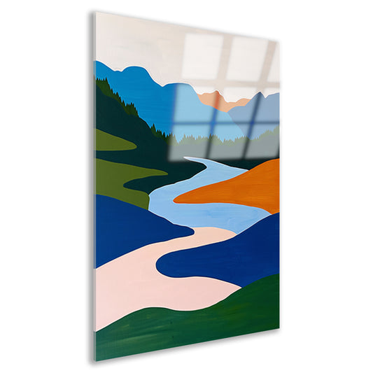 Kleurrijk minimalistisch schilderij van rivier en bergen acrylglas