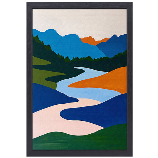 Kleurrijk minimalistisch schilderij van rivier en bergen canvas met baklijst
