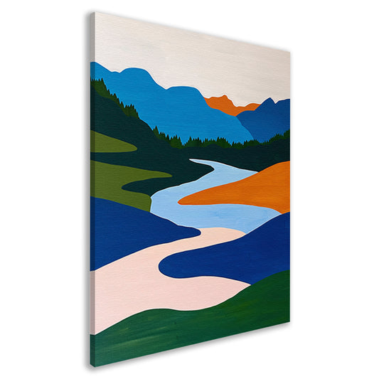 Kleurrijk minimalistisch schilderij van rivier en bergen canvas