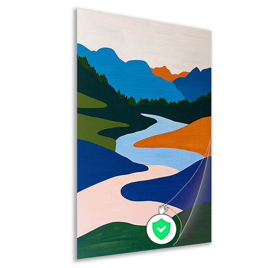 Kleurrijk minimalistisch schilderij van rivier en bergen poster