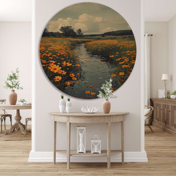 Gouden bloemen langs meanderende rivier forex muurcirkel