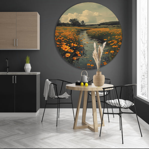 Gouden bloemen langs meanderende rivier forex muurcirkel