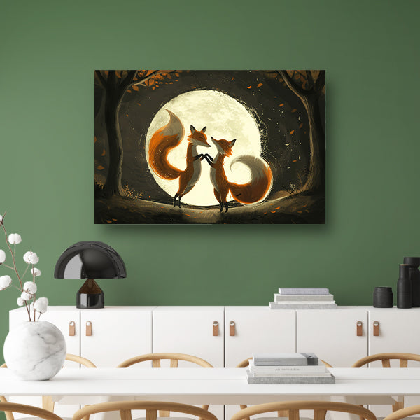 Twee vossen dansen onder de volle maan canvas