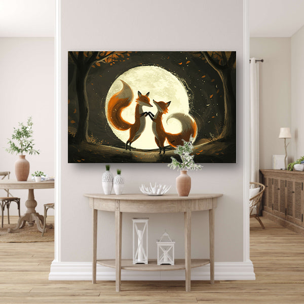 Twee vossen dansen onder de volle maan canvas