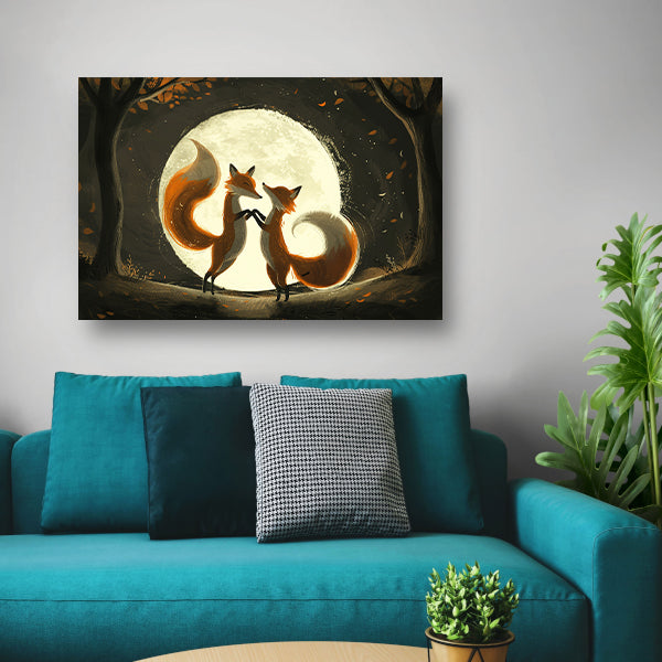 Twee vossen dansen onder de volle maan canvas