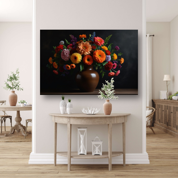 Bruine vaas met kleurrijke bloemenpracht canvas