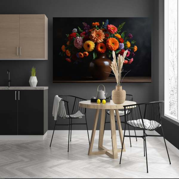 Bruine vaas met kleurrijke bloemenpracht canvas