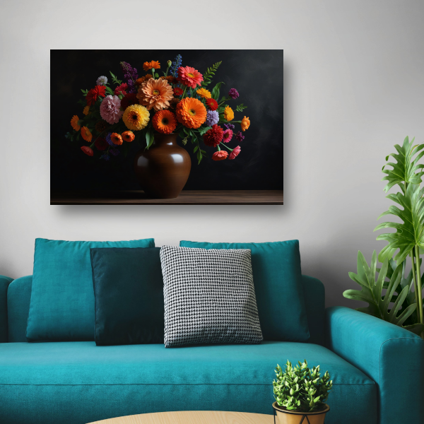 Bruine vaas met kleurrijke bloemenpracht canvas