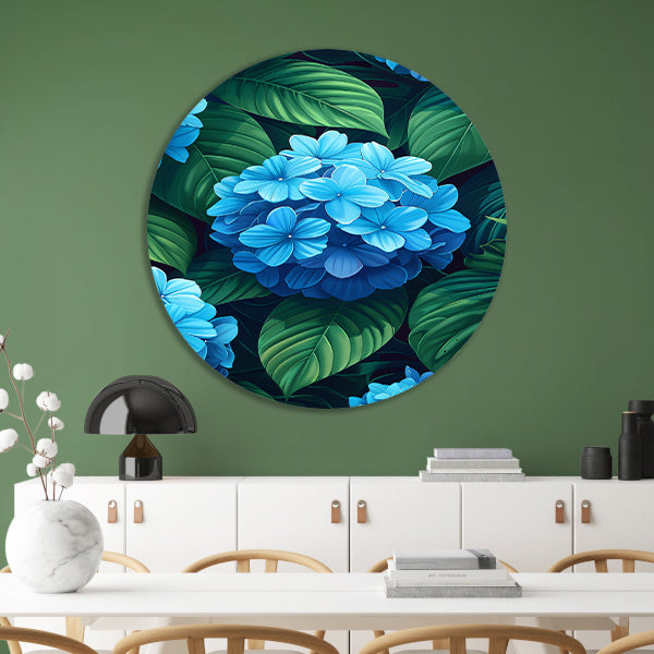 Digitale kunstprint van blauwe bloemen aluminium muurcirkel