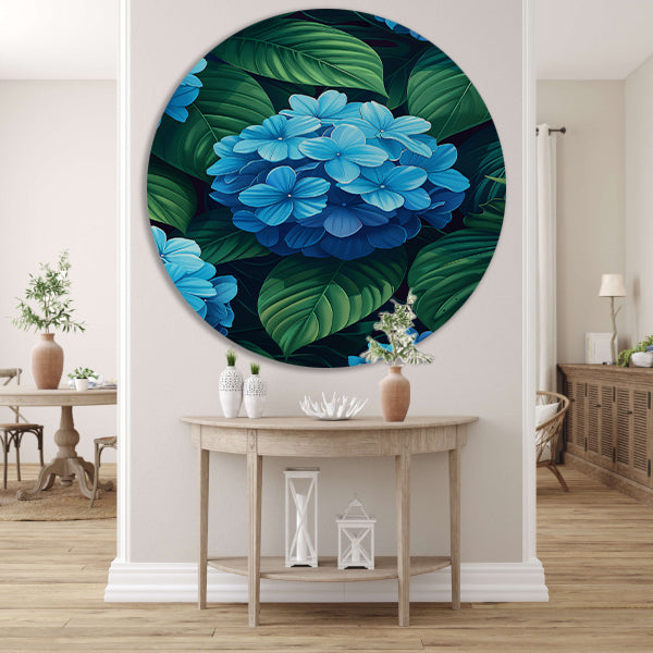 Digitale kunstprint van blauwe bloemen aluminium muurcirkel