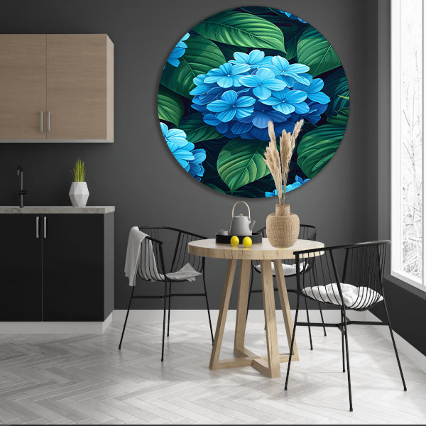 Digitale kunstprint van blauwe bloemen aluminium muurcirkel