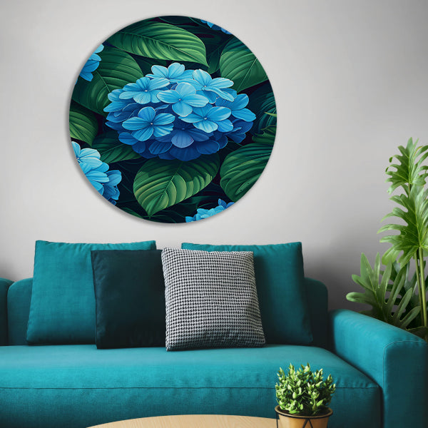 Digitale kunstprint van blauwe bloemen aluminium muurcirkel