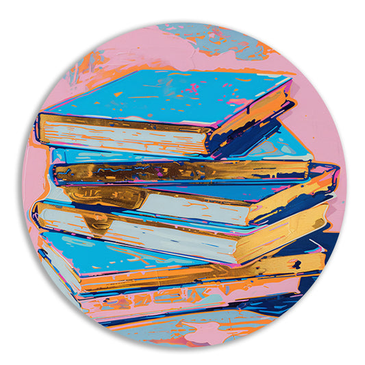 Kleurrijk popart schilderij van stapel boeken aluminium muurcirkel