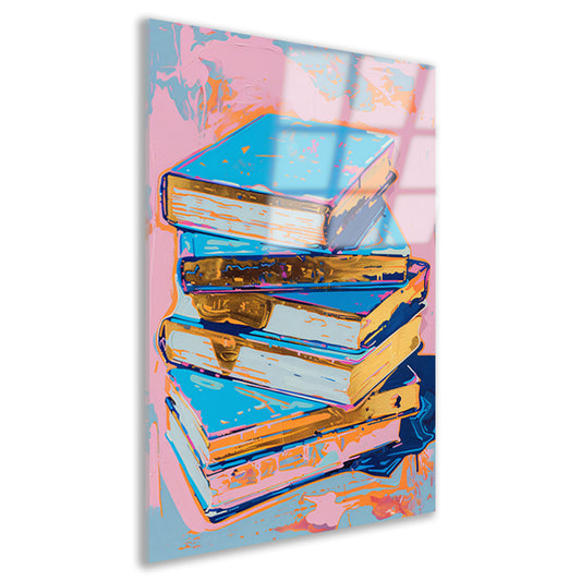 Kleurrijk popart schilderij van stapel boeken acrylglas