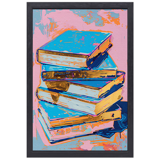 Kleurrijk popart schilderij van stapel boeken canvas met baklijst