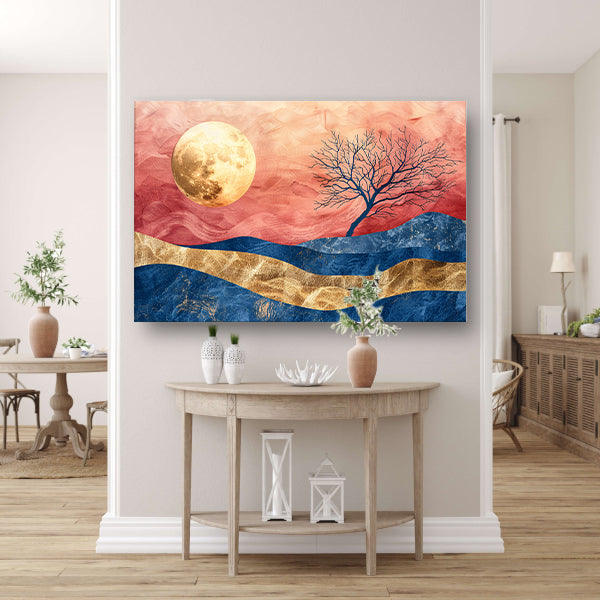 Abstracte boom met maan en kleurrijke hemel canvas