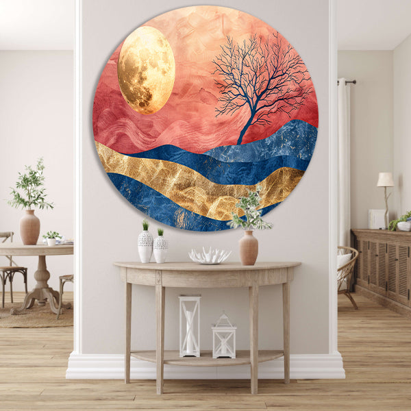 Abstracte boom met maan en kleurrijke hemel aluminium muurcirkel