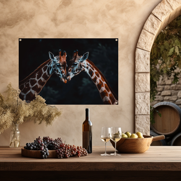 Twee giraffen in een intiem moment tuinposter
