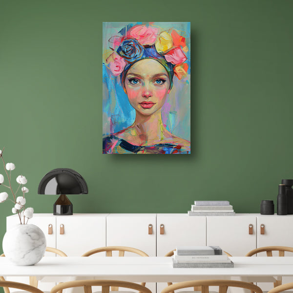 Kleurrijk portret van vrouw met bloemen poster