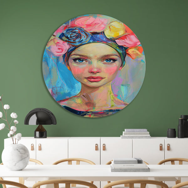 Kleurrijk portret van vrouw met bloemen aluminium muurcirkel