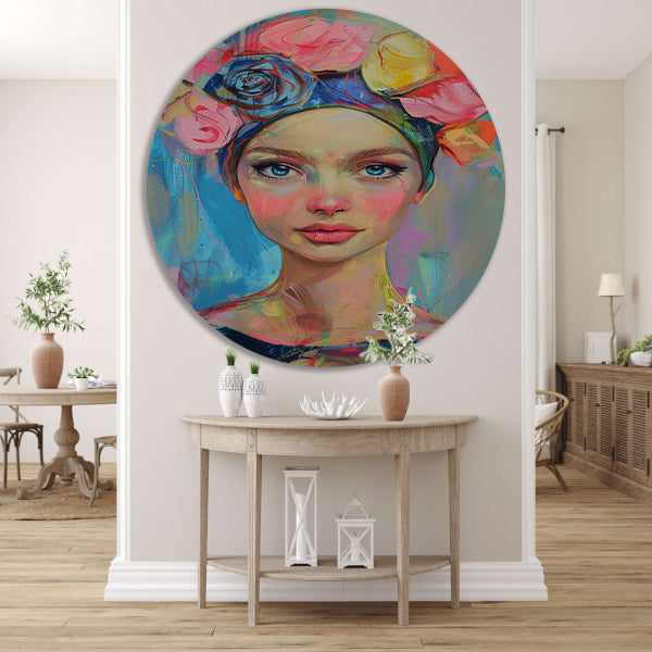 Kleurrijk portret van vrouw met bloemen aluminium muurcirkel