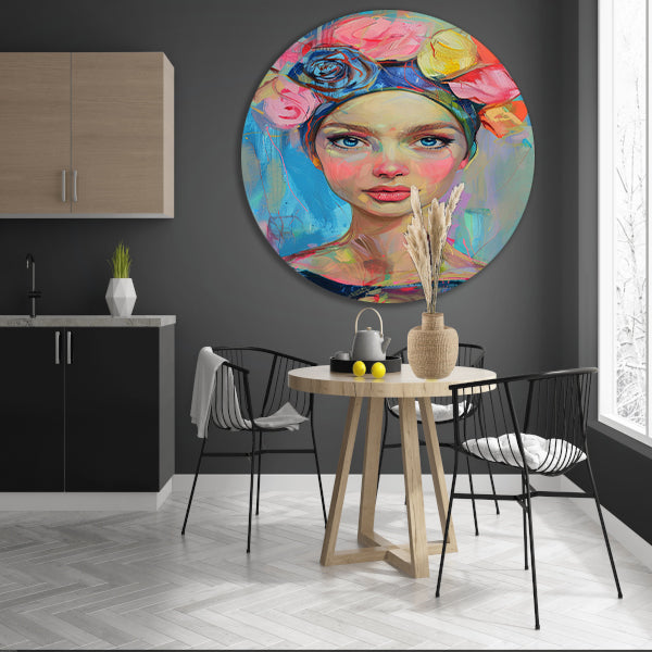 Kleurrijk portret van vrouw met bloemen aluminium muurcirkel