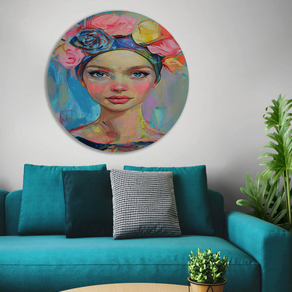 Kleurrijk portret van vrouw met bloemen aluminium muurcirkel