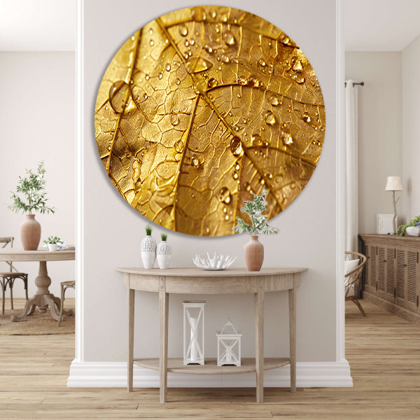 Gouden herfstblad met dauwdruppels close-up aluminium muurcirkel