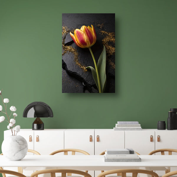 Rode en Gele Tulp met Gouden Glitters acrylglas