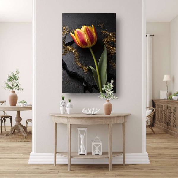 Rode en Gele Tulp met Gouden Glitters acrylglas