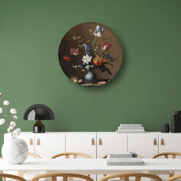 Bloemen in een Wan-Li vaas met schelpen - Balthasar van der Ast aluminium muurcirkel
