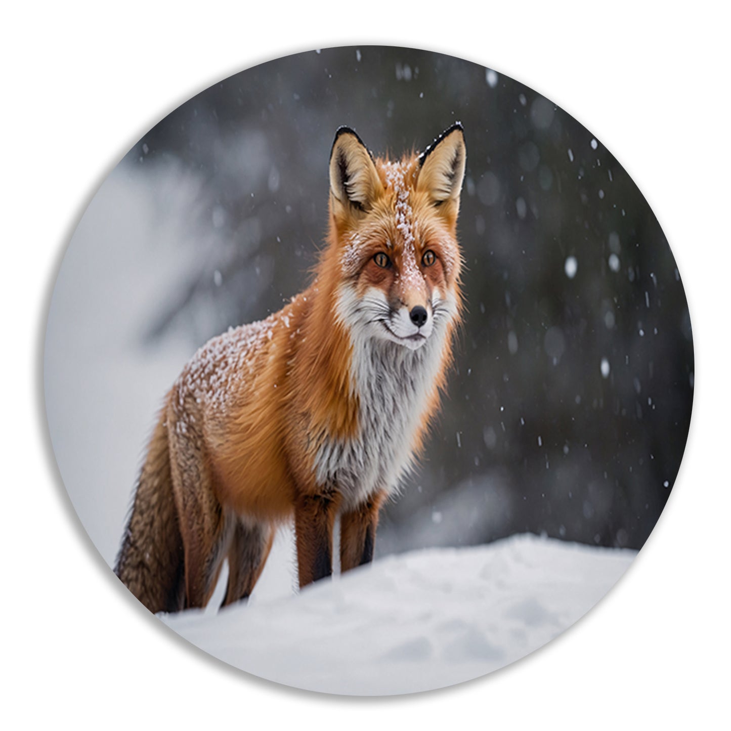 Gedetailleerde vos in besneeuwd landschap aluminium muurcirkel