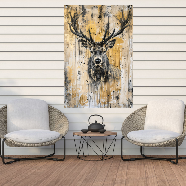 Abstract hertenportret met dynamische verfspetters tuinposter