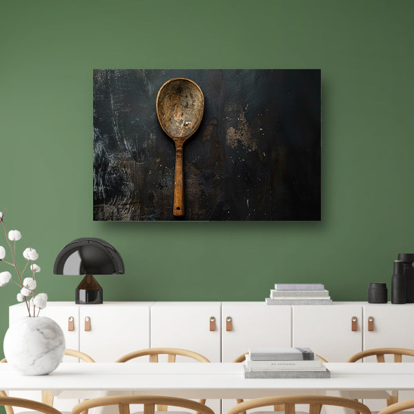 Verweerde houten lepel tegen donkere achtergrond poster