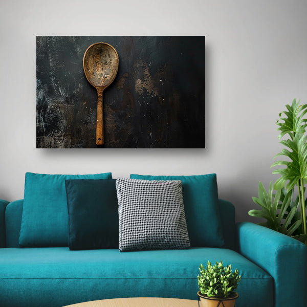 Verweerde houten lepel tegen donkere achtergrond poster
