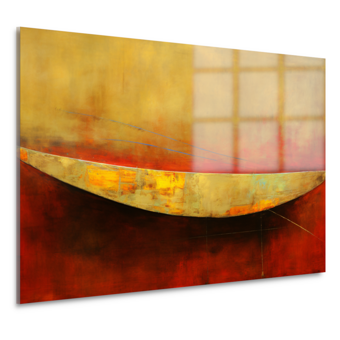 Abstracte compositie van kleurrijke boot op rood acrylglas